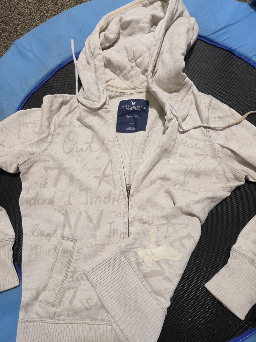 American Eagle Outfitters Cream Script Zip Hoodie